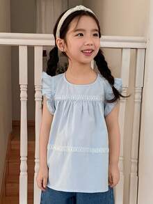 Dazy Kids Blusa casual versátil con cuello redondo y volantes para niña joven - Azul - Ver 3