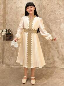 Dazy Kids Tween Girl Applique Decor V-Neck Long Sleeve Elegant Dress - White - View 5