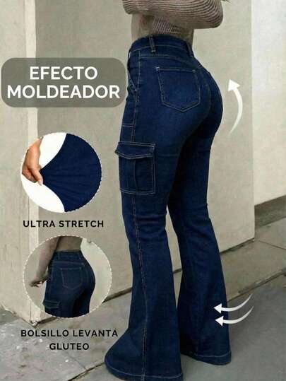 Pantalón o jeans de Mujer Casual skinny flare con bolsas cargo a los costados tono en azul obscuro de Tela Elástica, cómodo, suave y estira con Bolsillos Button Zipper Ajustado Sin Estampado Primavera Verano Diario Pantalón