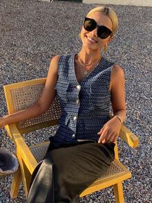 Livesso 春夏格纹休闲办公装，优雅收腰复古水洗蓝牛仔背心，适合情人节、婚礼、度假等场合。 - 藍色 - 查看 4