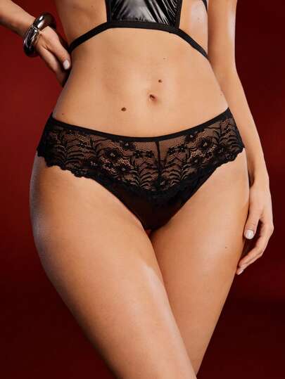 黑色魅力个性朋克优雅蕾丝拼接PU拼接薄纱夜店派对女士丁字裤