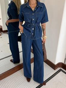 DAZY Women's Casual Washed Waist Belt Pocket Shirt And Wide Leg Jeans Set, Spring/Summer - Dark Wash - View 6