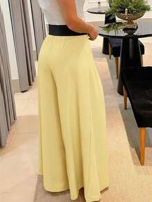 Pariaura 女士休闲优雅褶裥阔腿裤，适合通勤 - 黃色 - 查看 2