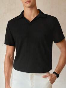 RONVEXI Men Solid Waffle Knit Polo Shirt - Black - View 5