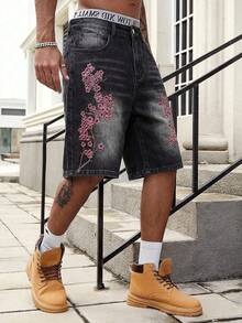 ROMWE MEN Street Life Men's Casual Washed Floral Embroidery Denim Shorts, Summer - Black - View 2