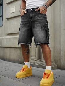 ROMWE MEN Men's Cross Patch Pocket Distressed Casual Denim Shorts - Black - View 1