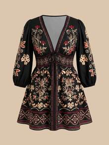 Travachic Đầm thường ngày cổ chữ V tay dài in họa tiết hoa Bohemian cỡ lớn, thắt nơ phía trước, dành cho nữ, mùa thu - màu đen - Xem 8