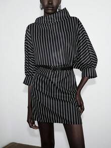Lumivelle 黑白竖条纹女士短款连衣裙，宽松H型立领蝙蝠袖设计，时尚简约休闲显瘦通勤连衣裙 - 黑與白 - 查看 3
