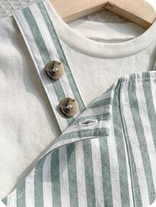 SHEIN Newborn Baby Boy/Girl Blue White Stripe Overall Set,Summer Casual Cute Family Matching Green Striped Romper,Gender Neutral Toddler Outfit For Party - Multicolor - View 3