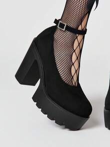 ROMWE Women's Closed Toe Cross-Strap Mary Jane Shoes, Punk Goth Platform Thick Heel Strap Buckle Strap JK Uniform Shoes, Waterproof Work Heels Y2K - Black cloth - View 3