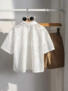 SHEIN Conjunto de 2 piezas de camisa y pantalones cortos casuales, cómodos, de moda, sencillos, prácticos, versátiles, suaves y con cuello texturizado para niño pequeño, adecuado para la escuela, fiestas de cumpleaños, fiestas de noche, actuaciones, bodas, bautizos, ceremonias de apertura - Caqui - Ver 3