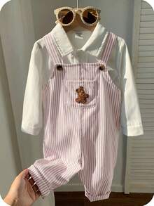 SHEIN Baby Boy Casual Cute Versatile Striped Cartoon Bear Pattern Bib Jumpsuit,Kids - Red - View 3