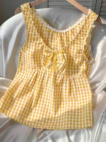 CovetEZ 女士甜美度假风橙白格子上衣，荷叶边设计，饰有蝴蝶结 - 珊瑚橙 - 查看 3