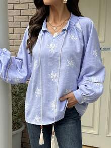 Vivie Lora Women's Embroidered Loose Striped Vacation Shirt Boho Long Sleeve - Blue - View 1