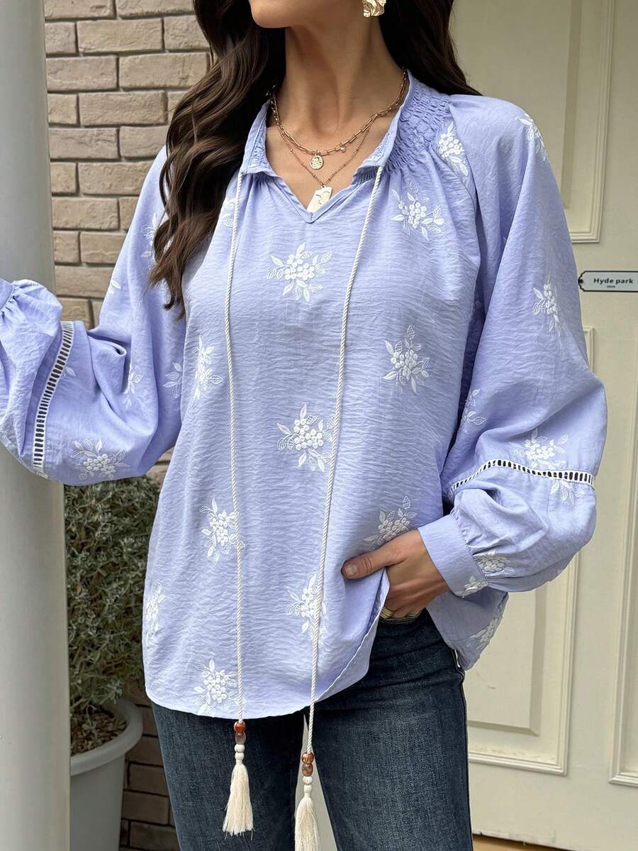 Vivie Lora Women's Embroidered Loose Striped Vacation Shirt Boho Long Sleeve - Blue - View 1