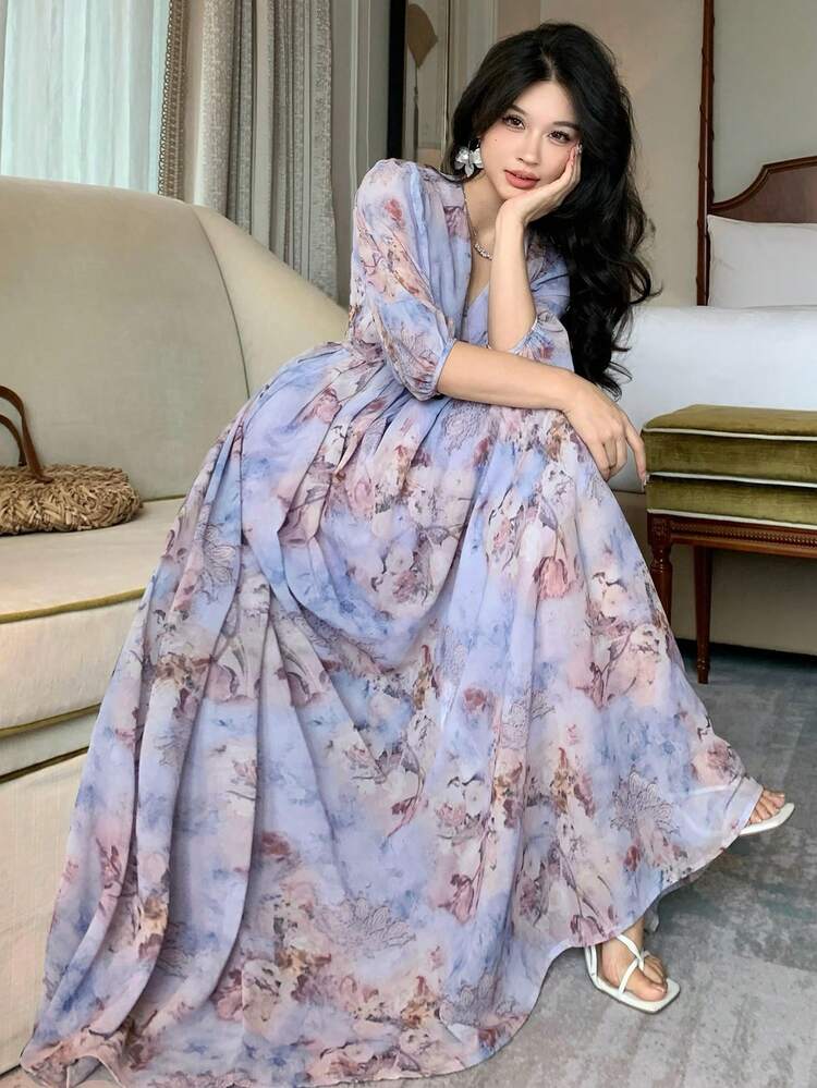 Women's Ditsy Floral Waist Cinched Short Sleeve Elegant Long Dress Maxi Dress Sundress Boho