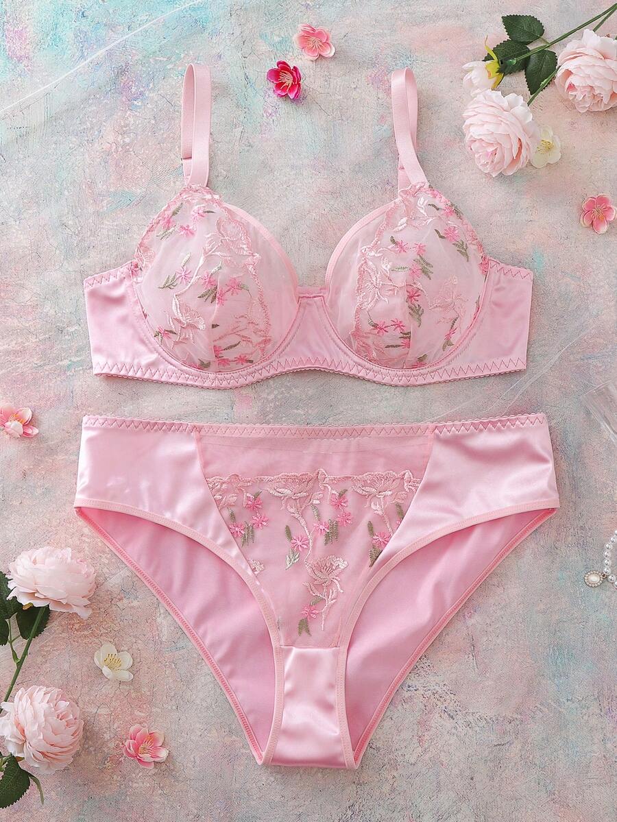 FloralLove 大码女士内衣套装，花卉刺绣蕾丝文胸和内裤套装，拼接弹力缎面柔软浪漫大码性感内衣套装 - 粉色 - 查看 1