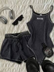 SHEIN Teen Girl Letter Embroidered Camisole Jumpsuit And Shorts Casual Set - Dark Grey - View 3