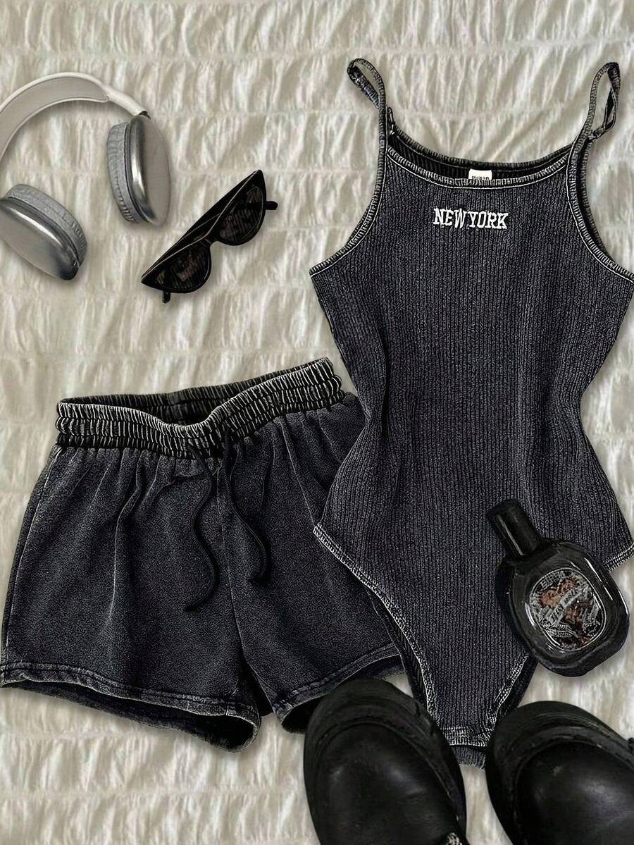SHEIN 少女字母刺绣吊带连体裤和短裤休闲套装 - 深灰色 - 查看 1