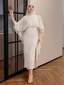 DAZY Women's Elegant White Sequin Decor Stand Collar Ruffle Hem 2 In 1 Mid-Length Dress, Spring/Summer,Wedding Guest Dress Women Sundress - Beige - View 6