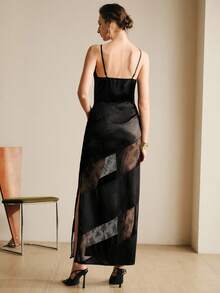 Revavyn Revavyn Women's Black Summer Elegant Long Slip Dress With Satin And Lace Trim,Fitted Waist,Sheer Design,Perfect For Night Out,Wedding Party Or Valentine's Day - Black - View 2
