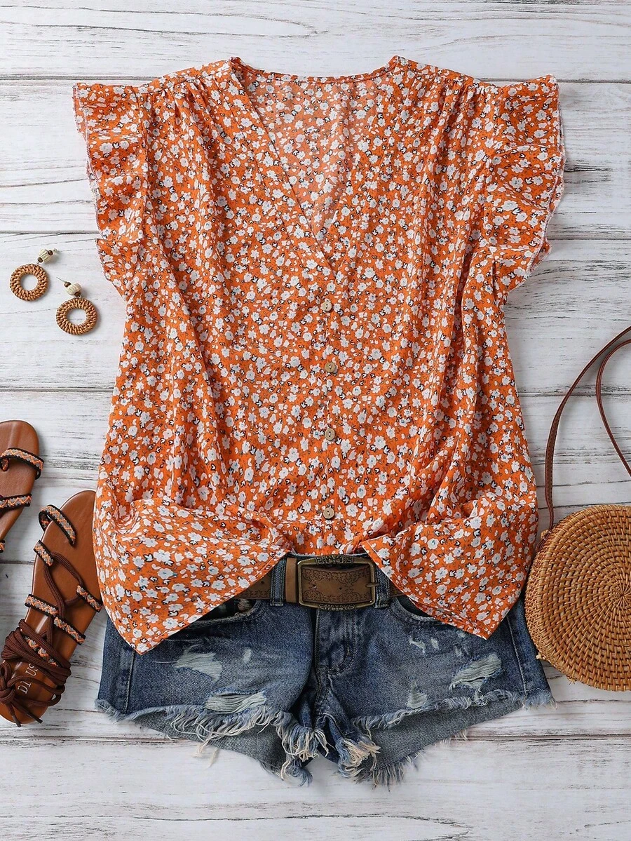 SHEIN Clasi Women's Minimalist Floral Ruffle Hem Short Sleeve Top,Summer Top - Orange - View 1