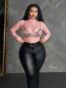 Maweii 大码女式蕾丝领性感透视长袖上衣，适合约会和外出穿着 - 粉色 - 查看 5