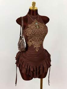 Amplova Ruffled High Neck Asymmetric Hem Cinched Waist Mini Dress - Brown - View 6