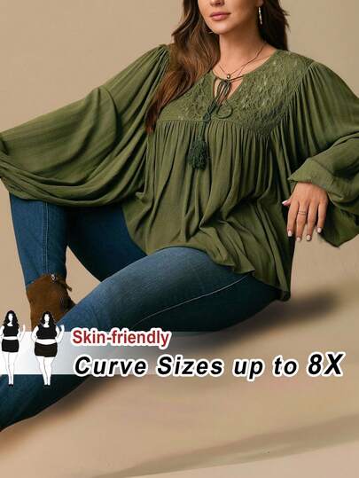 SHEIN CURVE+ Plus Size Solid Color Knotted Tassel Decor Casual Long Sleeve Shirt