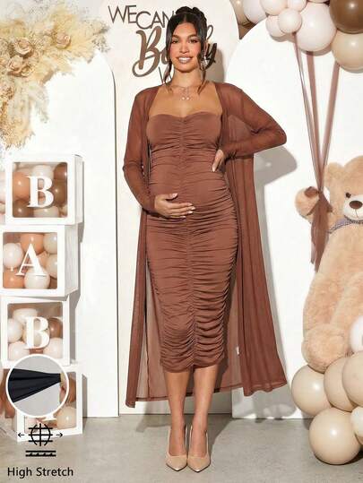 Loomaby 2pcs/Set Maternity Solid Color Long Sleeve Long Cardigan & Ruched Camisole Bodycon Dress Suit Thanksgiving