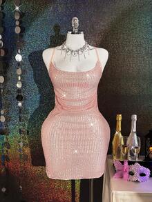 1pc Midnight Glam/Pink Sequin Spaghetti Strap Bodycon Sexy Nightgown For Women - Dusty Pink - View 1