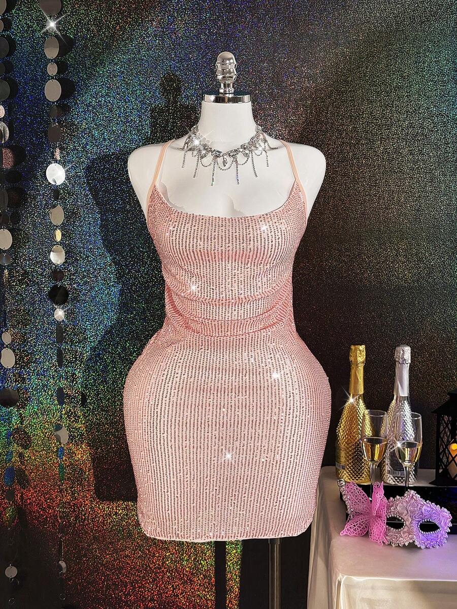 1pc Midnight Glam/Pink Sequin Spaghetti Strap Bodycon Sexy Nightgown For Women - Dusty Pink - View 1