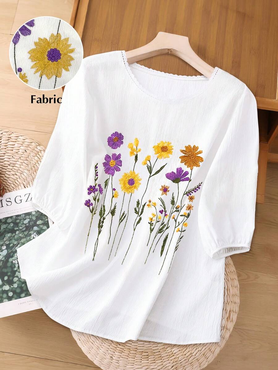 Linhara Áo sơ mi cỡ lớn thêu họa tiết, chất liệu vải lanh, tay lửng, cổ tròn, kiểu Bohemian, thích hợp cho kỳ nghỉ. - trắng - Xem 1