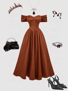 SHEIN MOD Đầm midi trễ vai thắt eo cỡ lớn dành cho nữ, màu đỏ tía, mùa thu/đông, Halloween, chủ đề "Ác mộng trước Giáng sinh", trang phục Halloween cho nữ, dự tiệc, thanh lịch, đầm satin đỏ, đầm trễ vai, đầm dạ hội đỏ, đầm dài đến bắp chân đỏ, đầm dự tiệc đỏ, đầm dự đám cưới cho nữ. - màu nâu - Xem 7