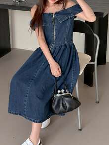 DAZY Tween Girls' Solid Color Denim Zip-Up Dress - Blue - View 6