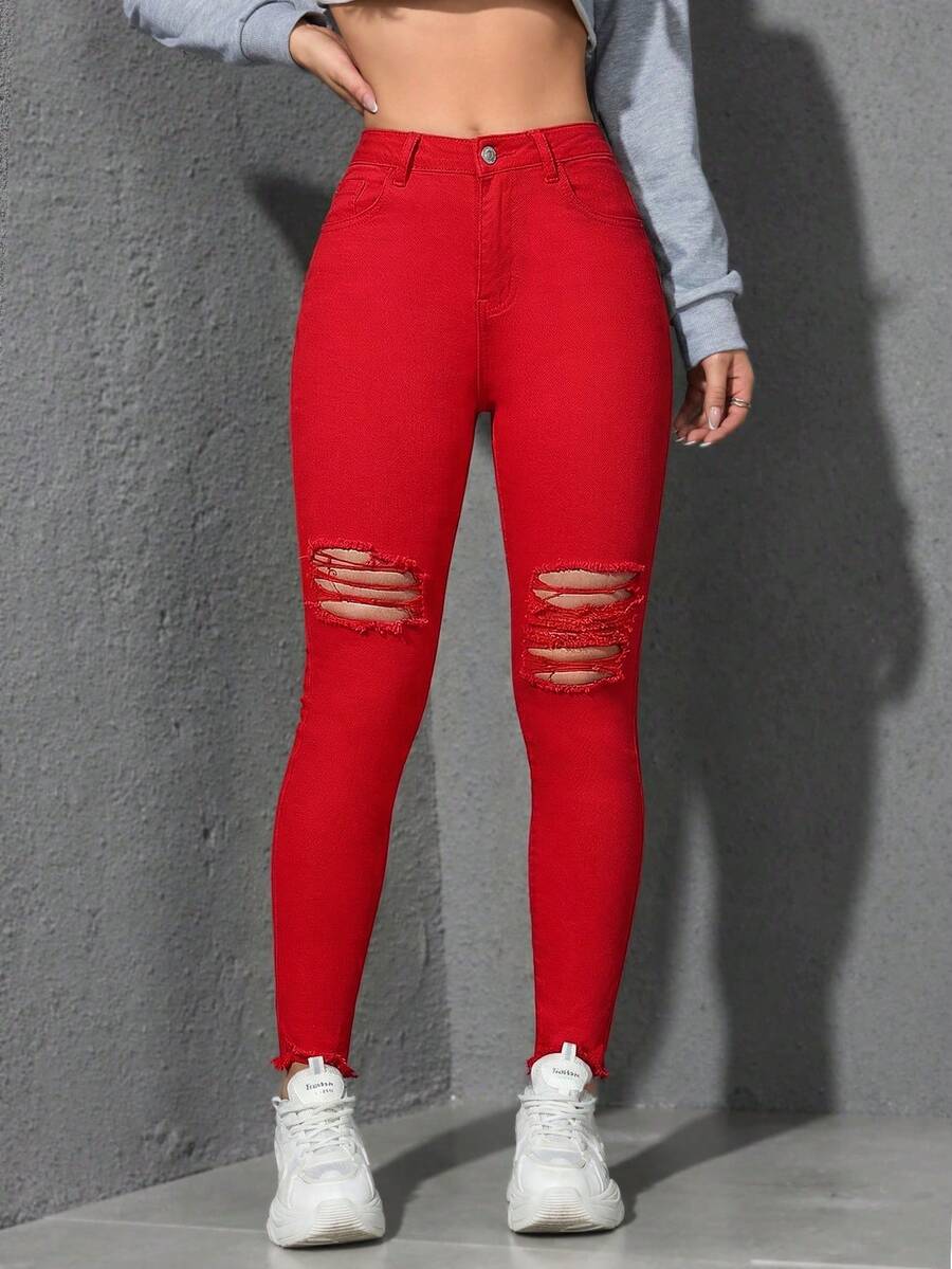 Flexra Casual Solid Color Distressed Slim Fit Denim Jeans - Red - View 1