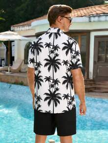 Manfinity Swimmode Men's Summer Vacation Coconut Tree Print Button-Front Shirt And Shorts Beach Outfit Men 2 Piece Set Tropical Black And White Outfits Men Vacation - Black - View 2