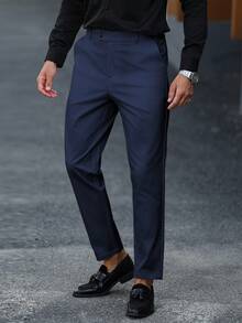 Manfinity Mode Men's Casual Versatile Solid Color Suit Pants Navy Blue Dress Pants Men Men Slim Fitted Pants - Navy Blue - View 5