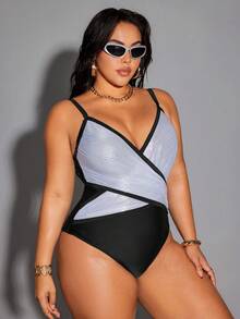 Plus Size Women Patchwork One-Piece Swimsuit, Casual Beach & Pool Wear - Black and White - View 8