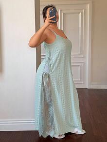 Napfluff CURVE Vacation Style Lace Embroidery Camisole Maxi Nightgown - Green - View 6