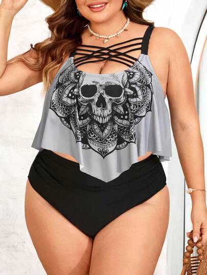 SHEIN CURVE+ Plus Size Women's Black & Gray Placement Print Beach Vacation Tankini Swimwear Set