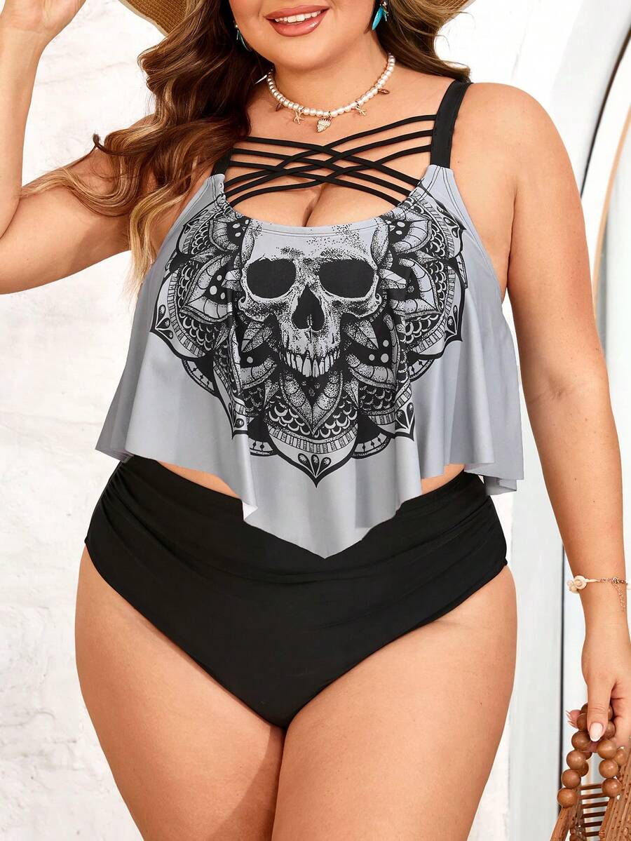 SHEIN CURVE+ Bộ đồ bơi tankini cỡ lớn dành cho nữ, màu đen và xám, họa tiết in, thích hợp cho kỳ nghỉ biển. - Xám - Xem 1