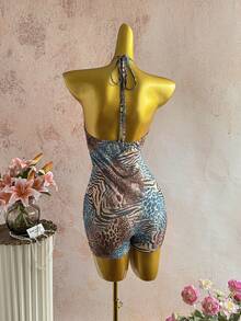 Flirla Body de cuello en U sin espalda con decoración de cuentas ámbar con estampado de leopardo para mujer, conjunto de fiesta vintage sexy para primavera/verano, uso casual y de calle - Multicolor - Ver 2