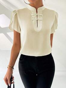 SHEIN Clasi Áo sơ mi nữ kiểu Trung Quốc cài cúc, tay áo họa tiết hoa cánh hoa, kiểu dáng đơn giản, thích hợp cho mùa hè, kỳ nghỉ hoặc tiệc tùng. - Màu be - Xem 5