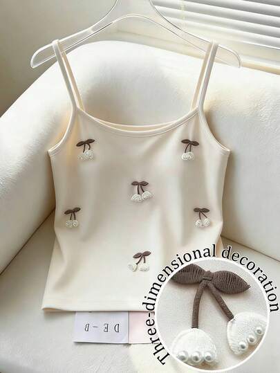 Resyla Camiseta de mujer con decoración 3D de cerezas