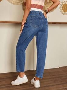 EMERY ROSE 高腰破洞磨損邊媽媽牛仔褲 - 中等水洗藍 - 查看 2