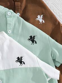 3pcs Set: Young Boy Pattern Mandarin Collar Short Sleeve Shirt - Mint Green - View 6