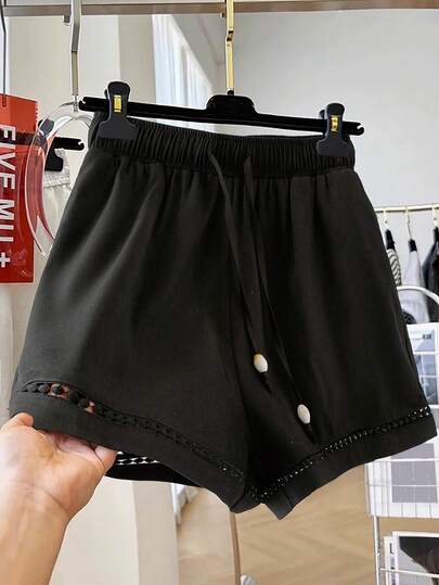 SHEIN Franclia Women's Spring/Summer New Beaded Decor A-Line Waist Drawstring Hollow Splice Casual Vacation Shorts