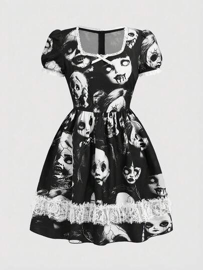 ROMWE Gothic Dark Witch Lace Patchwork Doll Print Short Dress For Women