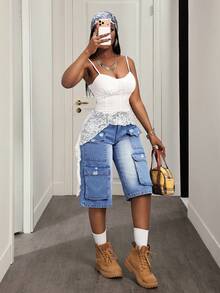 BamGleam Women's Pocketed Button Distressed Casual Versatile Daily Wear Wide Leg Cropped Jeans - Blue - View 8